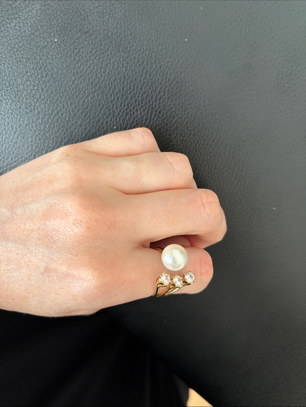 Gold Pearl and Crystal Open Band Ring - White Pearl